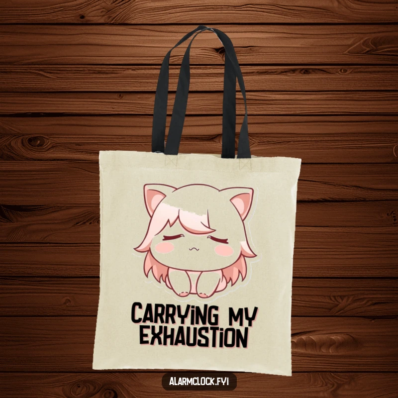 Funny tote bag with a sleepy character covering their eyes, perfect for carrying books or a pillow for impromptu naps.