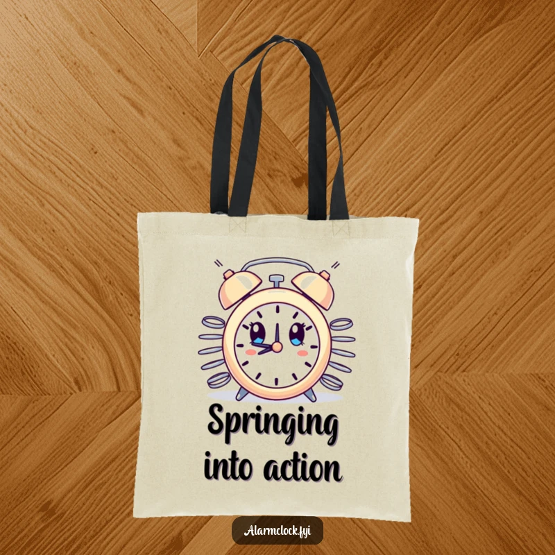 Funny tote bag showing an alarm clock with springs erupting, wide-eyed in surprise, perfect for carrying items with a humorous twist.