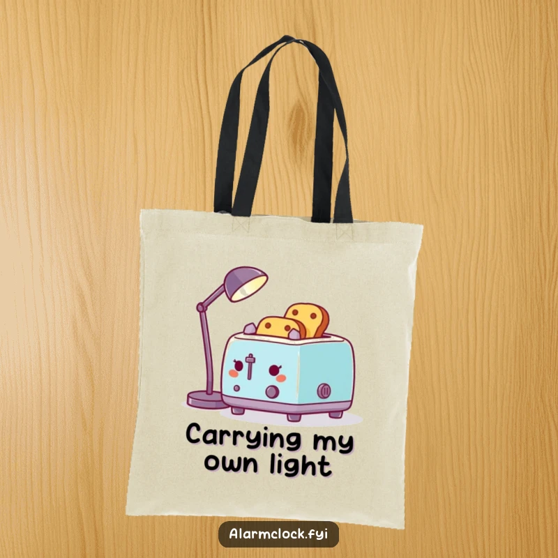 Funny tote bag featuring a toaster toasting bread with a desk lamp, a durable and humorous accessory for everyday use.
