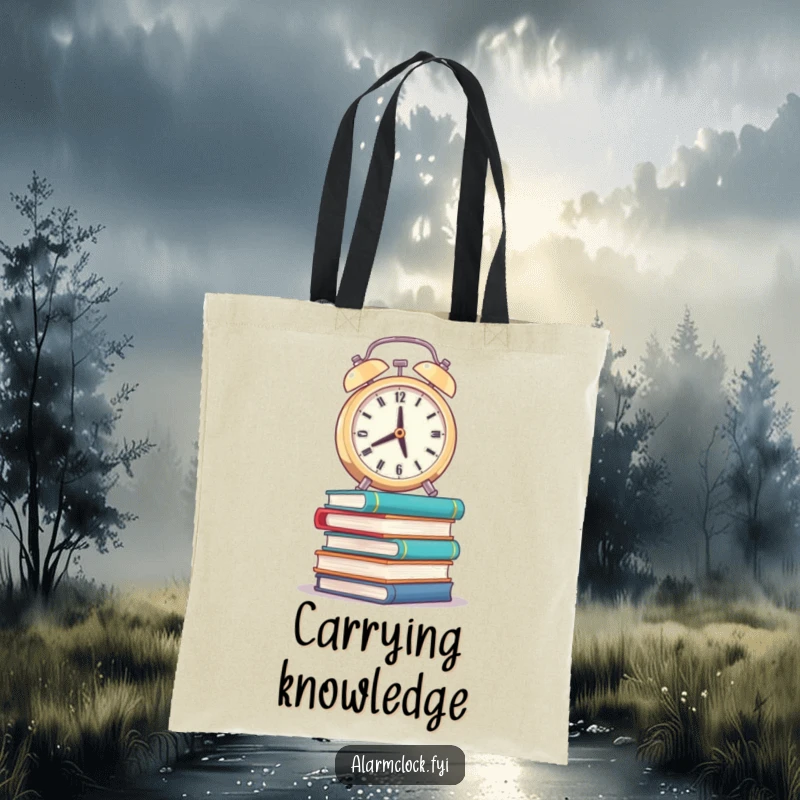 Funny tote bag with a weary alarm clock balancing on wobbly books, great for carrying study materials.