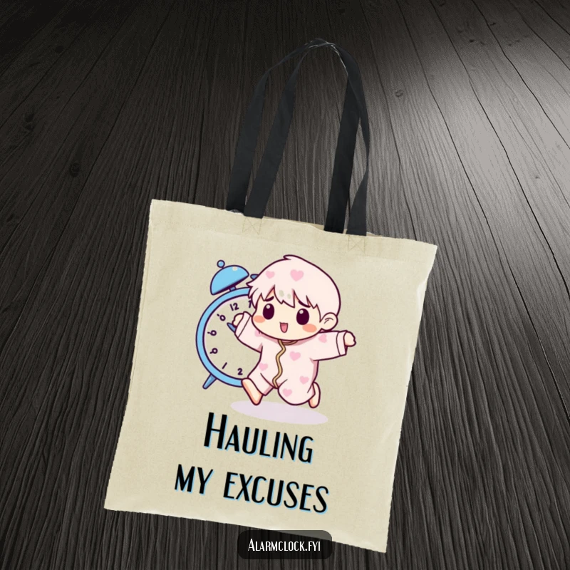 Funny tote bag featuring a pajama-clad character playfully running from a buzzing alarm clock, a humorous accessory.