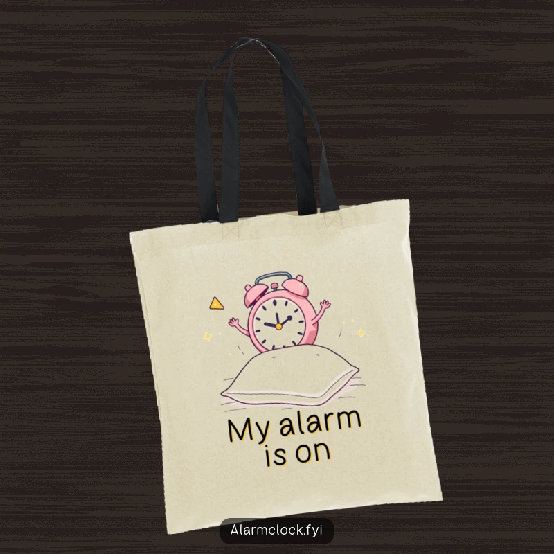 Funny tote bag featuring a frantic alarm clock jumping on a bed to wake a pillow, a humorous and practical accessory.
