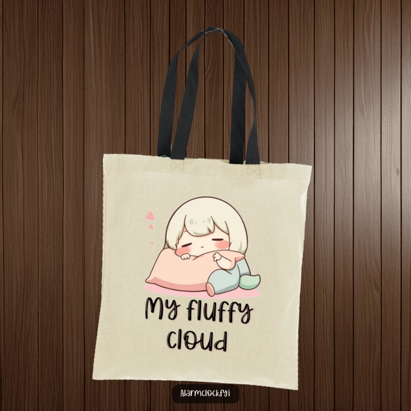 Funny tote bag graphic of a happy character fast asleep on a pillow, perfect for carrying essentials with a touch of cozy humor.