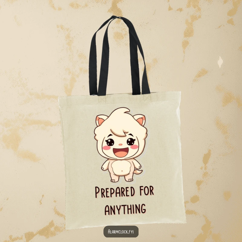 Funny tote bag with a grinning character looking ready to embark on an adventure. Ideal funny gift.
