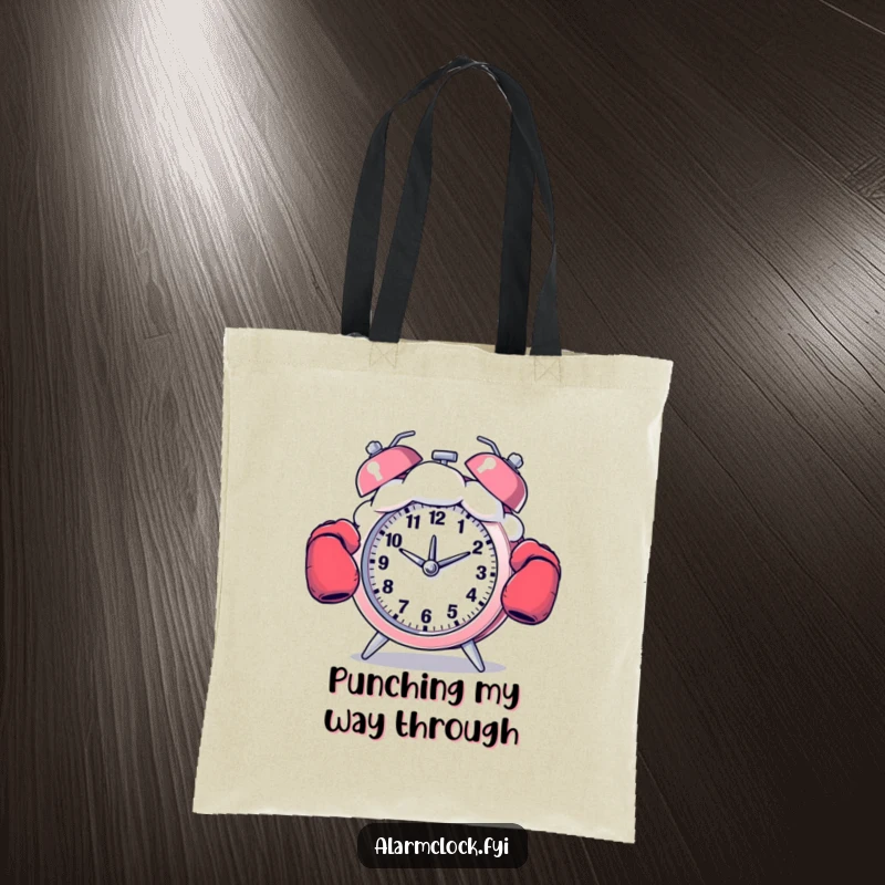 Funny tote bag featuring a boxing alarm clock fighting a cloud, a humorous representation of morning energy.