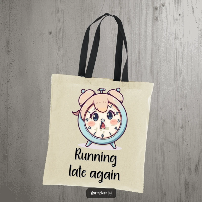 Funny tote bag featuring a character looking shocked at a clock, perfect for carrying groceries or last-minute excuses.